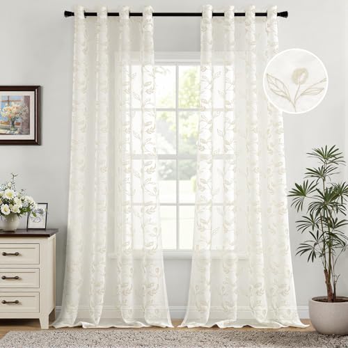 Woaboy Cortina Dormitorio Crema Estampadas Flores Hojas Visillo Ventana Decorativo Tansparente Moderno para Salón Habitación 2 Piezas 140x245cm