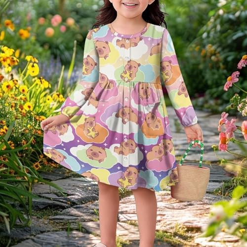 Girls Long Sleeve Dress with Side Pockets & Button Front - Soft A-Line, Round Neck, Loose Fit Play Dress4