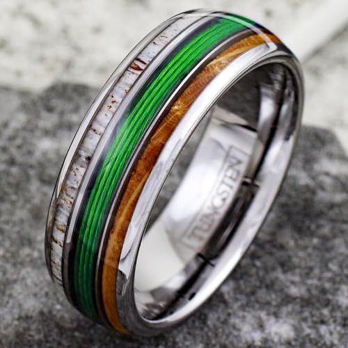 King's Cross Awesome 6mm/8mm Tungsten Carbide Low Dome Band Ring with Fishing Line Between Whiskey Barrel Oak Wood and Deer Antler Inlays. Multiple Colorways.4