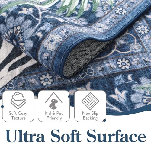 Moynesa Tiger Washable Area Rugs for Living Room, 5x7 Vintage Soft Rug for Bedroom, Non Slip Boho Botanical Ultra Thin Large Stain Resistant Throw Rug for Dining Guest Room, Blue