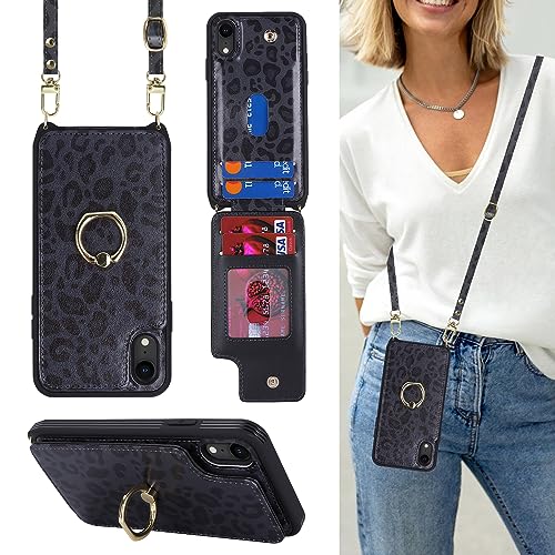 Image of for iPhone XR Case with Card Holder and Strap for Women,Crossbody Lanyard,RFID Blocking,Kickstand Ring Stand,Snap Clasp,Cute Phone Wallet Cases 6.1 inch(Black Leopard)
