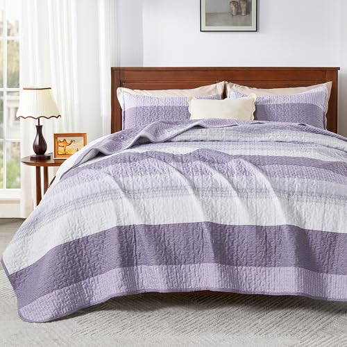 Image of Andency King Size Quilt Set Grayish Purple, 3 Pieces Summer Ultra Soft Lightweight Bedspreads & Coverlets Set, Patchwork Striped Quilted Bedding Sets for All Seasons (1 Quilt, 2 Pillow Shams)