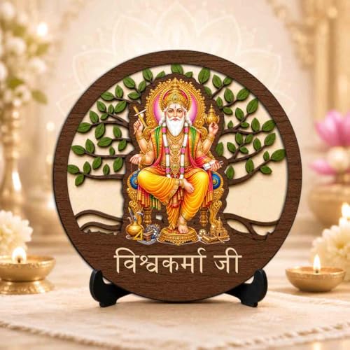 Image of Vishwakarma Ji Table Top Wooden Idol /Murti for Mandir Decoration, Office Desk & Festive Gift - 5x5 Inch