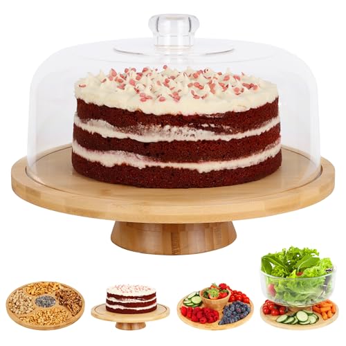 6 in 1 Large Bamboo Wood Cake Stand with Lid - Multiuse Wooden Cake Stand with Dome Acrylic Cake Cover/Cake Dome - Cake Holder With Lid - Acrylic Cake Stand Dome & Bamboo Base Punch Bowl - Cake Stands
