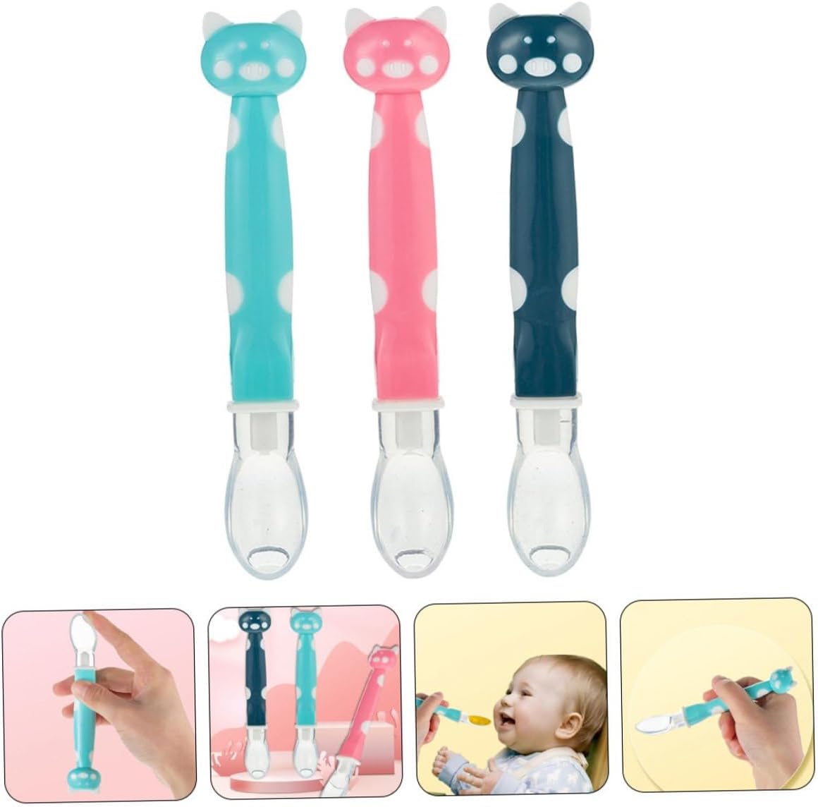 BESPORTBLE 3Pcs Silicone Feeding Spoons Soft Teething Resistant Spoons for Boy Girl Newborn Training with Gentle Gum Care in Haze Blue Rose Pink Mint Green
