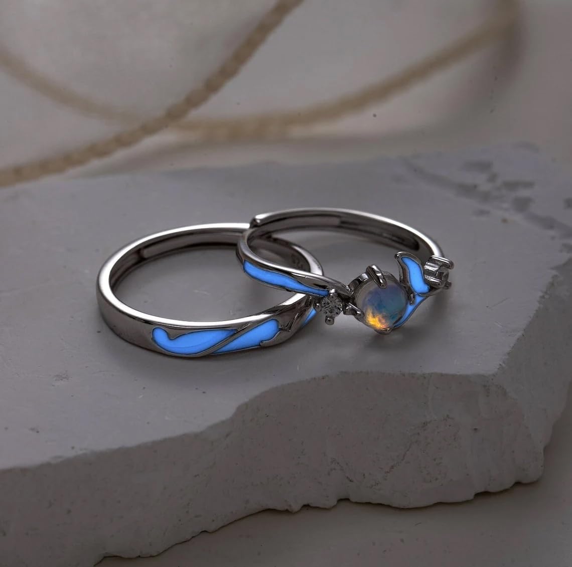 Glowing Band Moonstone Silver Couple Matching Promise Rings for Couples, Women, Men, Him, Her Set of 2 - Adjustable, Gift Wrap