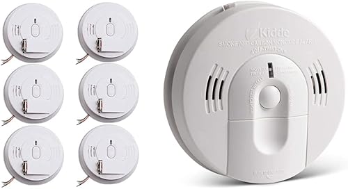 Kidde Detector de humo, alarma de humo cableada, paquete de 6 y detector de humo y monóxido de carbono, funciona con pilas, alarma combinada de humo