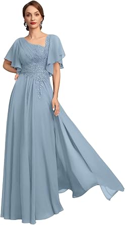 Lace Applique Mother of The Bride Dresses for Women Chiffon Long A Line Short Sleeve Formal Evening Gowns for Wedding