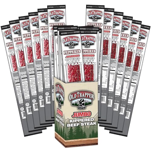 Image of Old Trapper Kippered Steak, Peppered Flavor, Two-Ounce Individually Wrapped Packages, Spicy Meat Snack for Between Meal Bites, 22 Grams of Protein per Serving (Pack of 12)