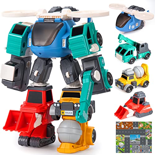 Image of ThinkMax Transform Toys for 3 4 5 6 7 8 Year Old Boys, Robot Toys for Kids 3-5 5-7, 4 Magnetic Construction Trucks Vehicles w/Play Mat, Birthday Gift for Boy, 32 Pieces