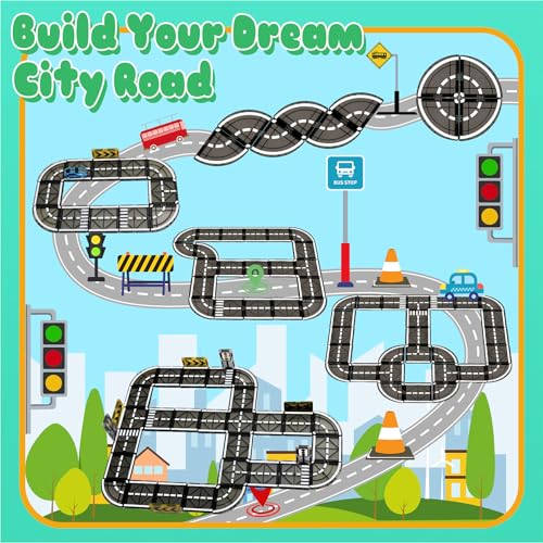 SKTMYY Magnetic Tiles Road Set with Pullback Car, Magnetic Tiles for Kids Ages 3-5 4-8, Magnet Building Tile for Toddler Kids Boys Girls, Creative STEM Building Toy & Learning Educational Magnet Toys