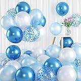 Blue and White Balloons, 60 PCS Light Blue and White Balloons Set with Blue Confetti Metallic Blue Balloons, 12 Inch Pearl White Pearl Baby Blue Balloons for Baby Shower Kids Birthday Party