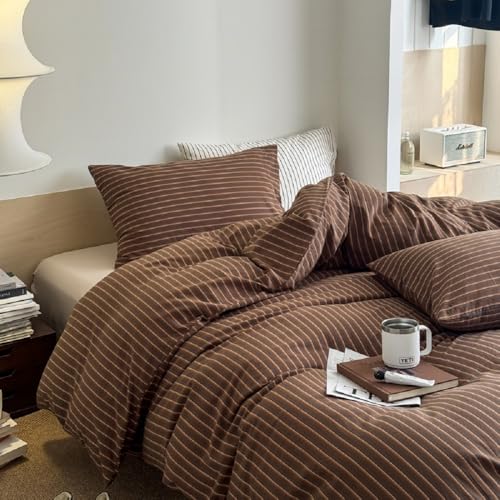Image of Duvet Cover Set Full Size Brown Striped Bedding Set for Girls Boys,Modern Back to School Dorm Duvet Cover Kids with Zipper Closure and 2 Pillowcases