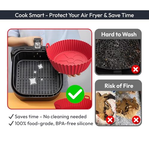 Image of Zulaxy Reusable Silicone Air Fryer Liners - Non Stick Air Fryer Basket Baking Tray with Handles, BPA Free Food Grade, Heat Resistant & Dishwasher Safe (8 Inch, Pack of 2)