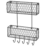 MyGift 2 Tier Wall Hanging Metal Chicken Wire Organizer Baskets, Entryway Mail Sorter with 5 Key Hooks