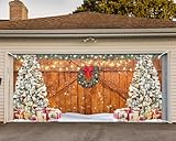 Whaline Rustic Christmas Garage Door Banner Cover Wood Texture Board Garage Door Cover 6 x 13 Ft Large Yard Sign for Winter Indoor Outdoor Wall Door House Party Decor