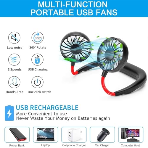 Image of Portable Neck Fan USB Rechargeable Hands-Free Bladeless Mini Fan with 3 Speeds Mode, 48 Air Outlets, Wearable Design for Travel, Sports, and Office - Black