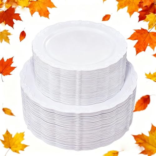 U-QE 100 Pieces White Plastic Plates - White Disposable Plates - ...