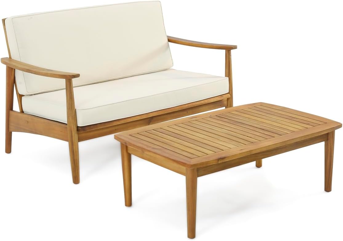 Modern Acacia Wood Loveseat & Coffee Table Set for Patio & Outdoor Relaxation