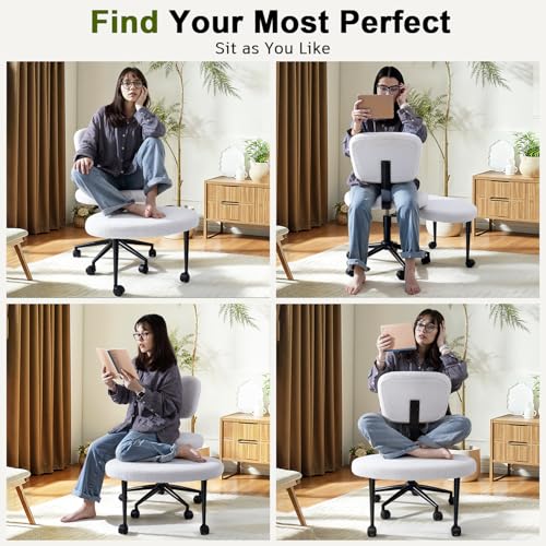 Image of VITESSE Cross-Legged Ergonomic Chair 360 Swivel with Wheels, Adjustable Meditation Seat for ADHD, Lumbar Support, Teddy Fabric Home Office Chair,White