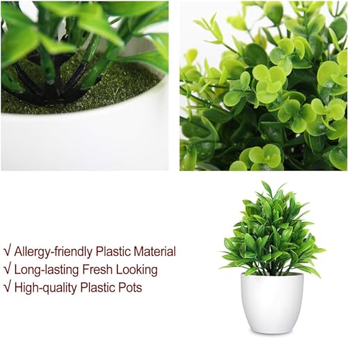Image of Dekorly Plastic Artificial Plants Small Fake Potted Plants, Mini Eucalyptus Potted Faux Decorative Grass Plant with White Pot for Home Decor, Indoor, Office, Desk, Shelf, Table Decoration (Green-3)