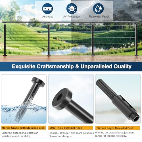 Image of [Patent] Gyykzz 24 Pack Black Swageless Invisible Cable Railing Kit | Reusable Fitting for 1 /8 inch Cable, T316 Stainless Steel, Screw-Locking Hardware, No Crimping Required, Fit for 2 inchx2 inch Metal Post
