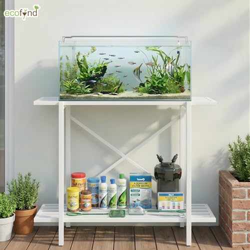 Image of ecofynd 2-Tier Fish Tank Stand, Double-Layer Aquarium Stand with Adjustable Table Feet, Heavy Metal Storage Rack Suitable for Home and Office, (White, FS-PS049)