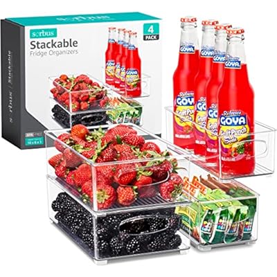 Sorbus Stackable Refrigerator Organizer Bins - Set of 4 Clear Storage Bins for Kitchen Pantry, Freezer & Fridge Organization - Food Organizing Plastic Containers with Handles for Countertops & Drawers