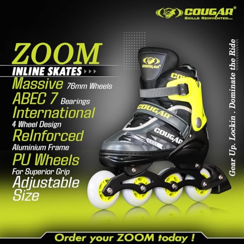Image of COUGAR Zoom ABEC-7 Inline Skates | Adjustable Sizes L (39-42) | 4 PU Wheels (70-110mm), Aluminium Frame, Cuff Buckle, Lace Crossover | Superior Grip Skates for Men, Women & Teens (Large)