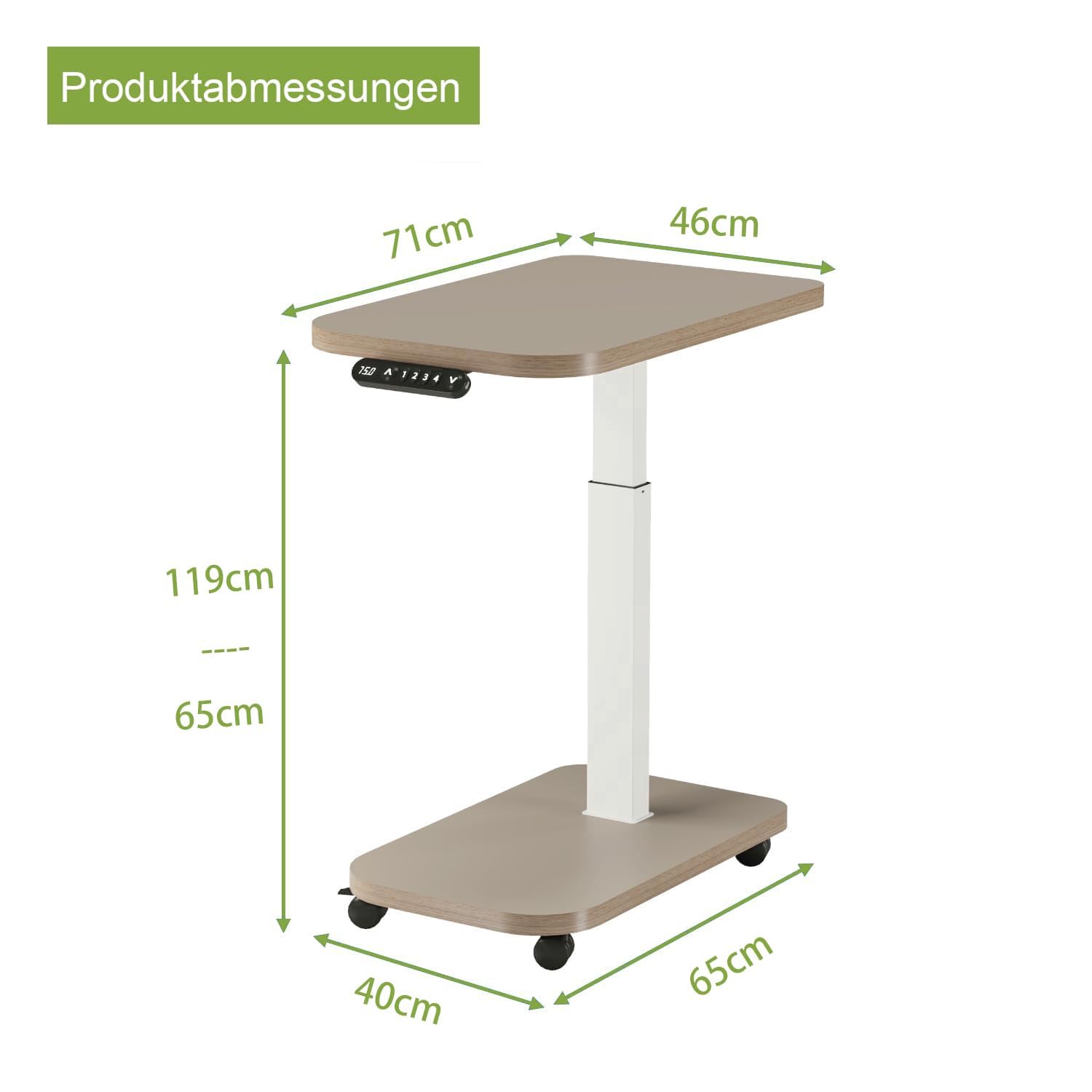 Radlove elektrisch höhenverstellbarer Schreibtisch mit USB-C & LED-Anzeige, 71×46 cm Stehpult mit Rollen, mobiler höhenverstellbarer Laptoptisch, Khaki