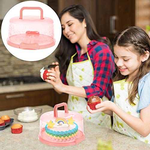 Hemoton Pink Round Cake Box Carrier Plastic Muffin Pie Carrying Box Bakery Dessert Container Holder With Handle Snap Cake Box Keeper 25X25X13Cm #TOP7