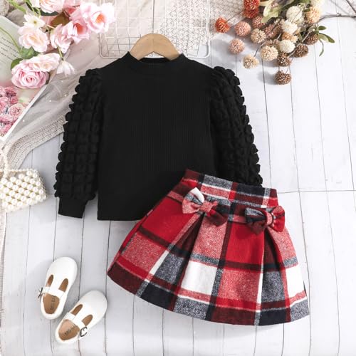 Image of Noubeau Toddler Girls Plaid Outfits Girls Puff Sleeve Knit Ribbed Shirt Tops Plaid Skirt Set Kids Fall Winter Clothes
