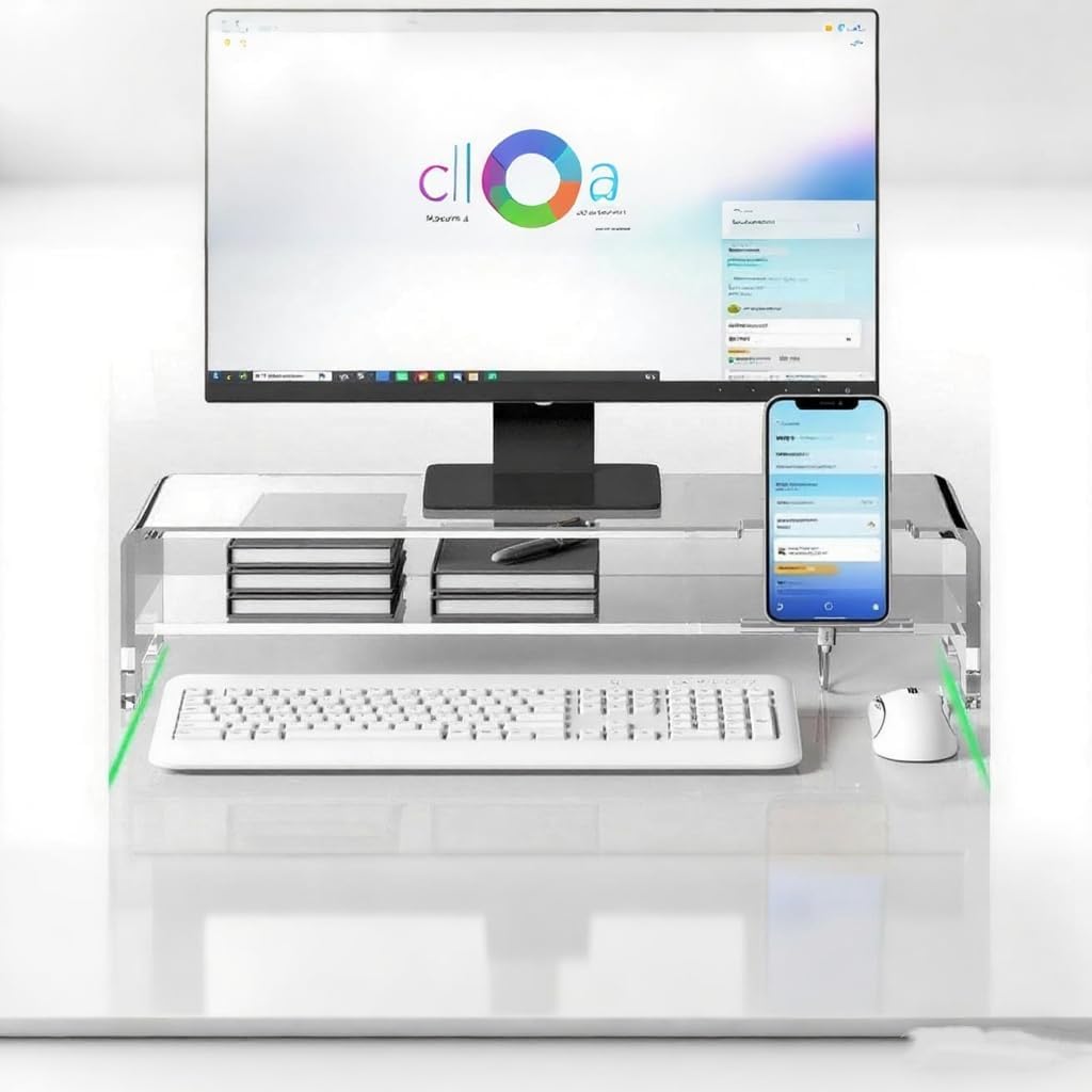 Acrylic Monitor Stand - 16/20 inch 2 Tier Riser for iMac, PC, Desktop, Laptop, TV with Storage Shelf, Home Office Desk Organizer (20in with phone holder)