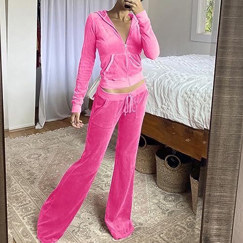 Velour Tracksuit Womens Two Piece Lounge Set Long Sleeve Zip up Hooded Jacket Wide Leg Pants Y2k Sweatsuit Set2