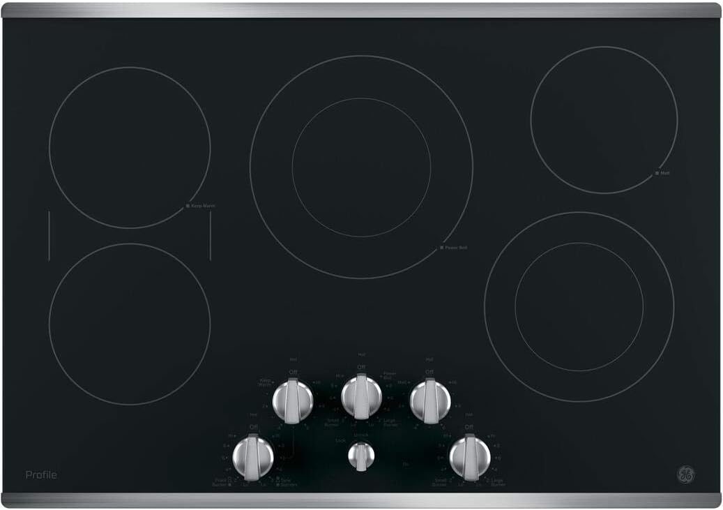 GE PP7030SJSS 30 Inch Electric Cooktop with 5 Radiant, Bridge SyncBurners, 9/6 Inch Power Boil Element, Keep Warm Setting, Red LED Backlit Knobs, ADA Compliant Fits Guarantee