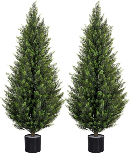 Image of VIVATREES 2Pack 3FT Artificial Cedar Trees in Pots, UV Resistant Faux Evergreen Plants for Indoor Outdoor Decoration, Modern Porch & Entryway Greenery