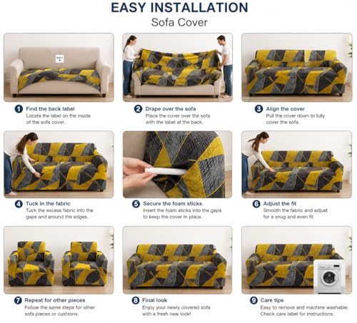 Image of Gifts Island Sofa Cover 3 Seater and 2 Seater Fully Covered Universal 5 Seater Sofa Cover Non-Slip Sticky Elastic Stretchable Sofa Set Slipcover Protector for (3+1+1 Seater) (Yellow Prism)