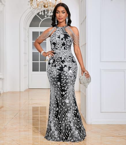 Image of Cololura Women Sexy Elegant Sequin Tassel Off Shoulder Halter Bodycon Maxi Dress Party Evening Gown Formal Dress