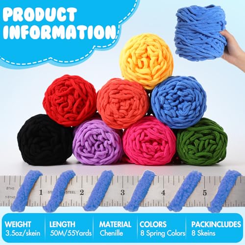 Image of Buryeah Chunky Chenille Yarn for Crocheting Soft Thick Fluffy Yarn for Hand Knitting Bulky Velvet Blanket Plush for Weaving DIY Crafts Each 3.5 oz 55 Yards(Spring Colors,8 Pack)