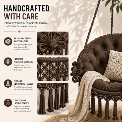Image of Premium King Size Hammock Chair Swing with Cushion, 200kg Capacity | Indoor Outdoor Heavy Duty Adults & Kids Hanging Jhula for Home, Garden, Patio & Balcony | 1 Year Warranty (Brown)