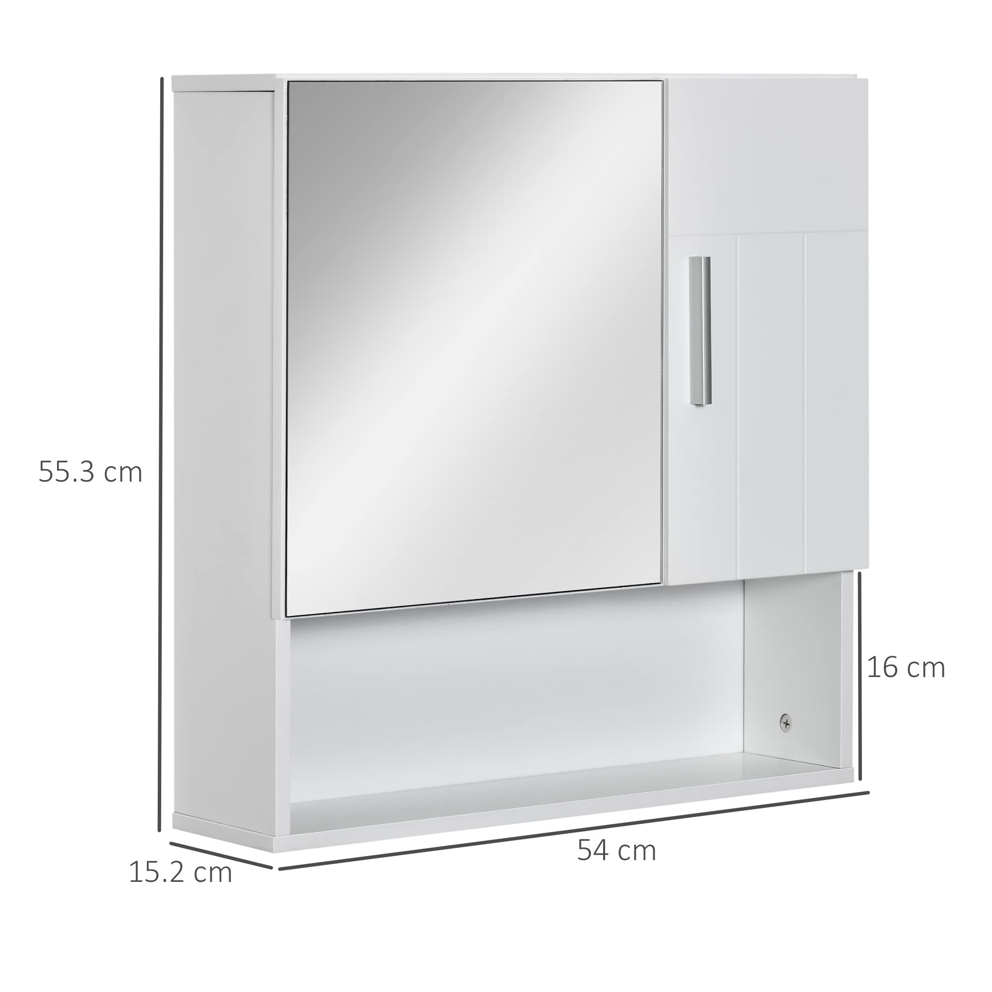 kleankin Specchio Bagno Contenitore con Mensole Regolabili, Specchiera Bagno con Contenitore a 2 Ante e Ripiano Aperto in Legno e Vetro, 54x15.2x55.3 cm, Bianco