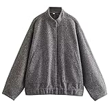 Hixiaohe Women's Oversized Wool Blend Jackets Long Sleeve Button Down Casual Bomber Jacket Outwear with Pockets(Dark Gray,S)
