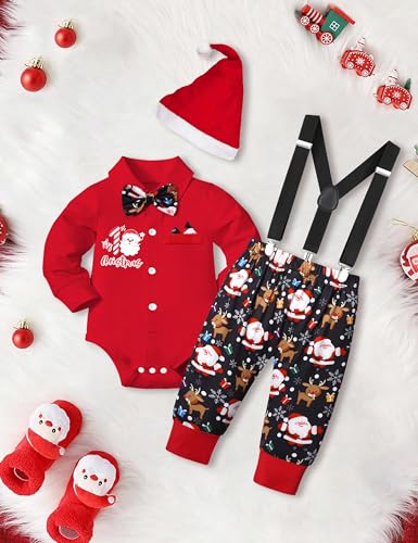 Baby Boy Christmas Outfit My First Christmas Infant Gentleman Romper with Bow Tie Suspender Pants Hat 3PCS Set3