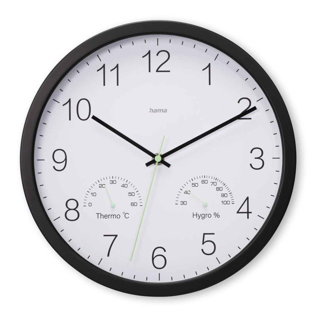 Hama “Santorini” Wall Clock, No Ticking, w. Thermo/Hygrometer, Ø 30cm, black