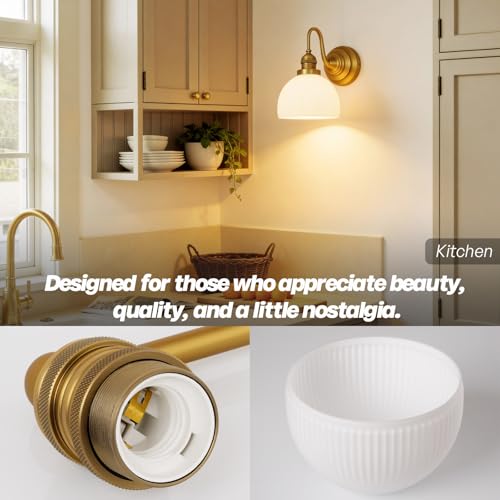 Image of Brass Gold Wall Sconce Vintage Milk Glass Bathroom Vanity Light | Bathroom Wall Sconces,Antique Brass,Thick Half-Round Glass Shade,Hardwired,E26 Base,for Bathroom Mirror Hallway Kitchen
