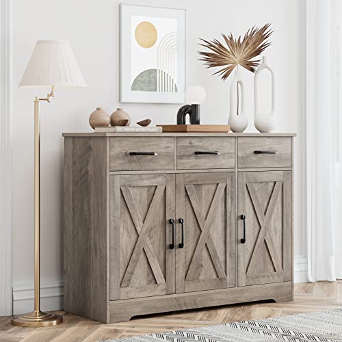 Hostack Modern Farmhouse Buffet Sideboard Cabinet, Barn Doors Storage Cabinet With Drawers And Shelves, Wood Coffee Bar Cabinet With Storage For Dining Room, Kitchen, Living Room, Bedroom, Ash Grey #TOP1