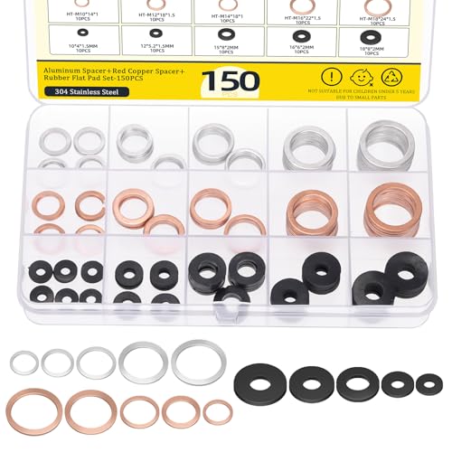 Image of 150Pcs Aluminum & Copper Oil Drain Plug Washers & Seals with Rubber Flat Washers, Compatible with Toyota /Audi /BMW (M10 M12 M14 M16 M18)