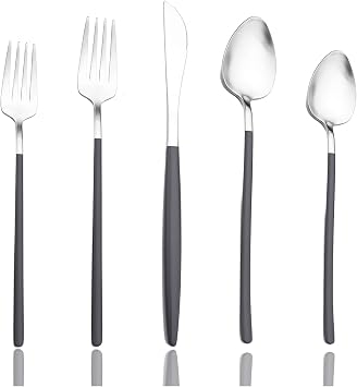 JASHII Slim Handle Silverware Set 20 Pieces, 304 Stainless Steel Colorful Flatware Set, Titanium Plating Cutlery Set, Utensil Sets for Home Dinner Service for 4, Dishwasher Safe - Dark Grey&Silver