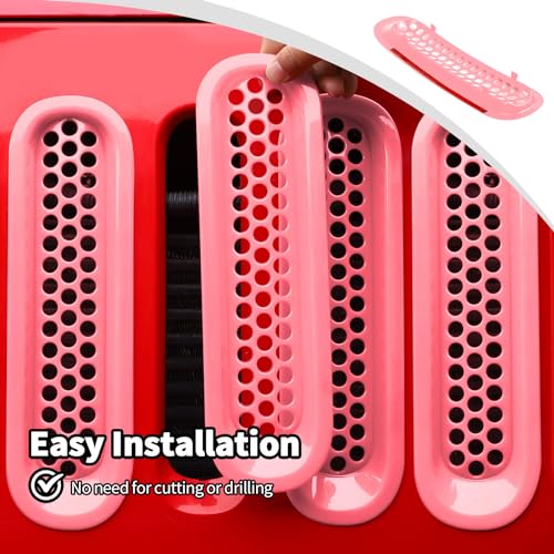 Image of JWWY Front Grille Insert Radiator Grille Grillwork Surround Assembly Inserts Headlight Headlamp Cover Trim Set Fit for 2007-2017 Jeep Wrangler JK JKU Exterior Accessories 9pcs Pink