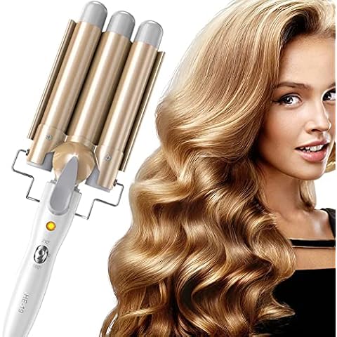 Three Barrel Hair Waver 25MM Big Wave Hair Curling Iron Wand with Two Speed Temperature Control, Ceramic Tourmaline Triple Barrels, Dual Voltage Crimp, Gold Cover
